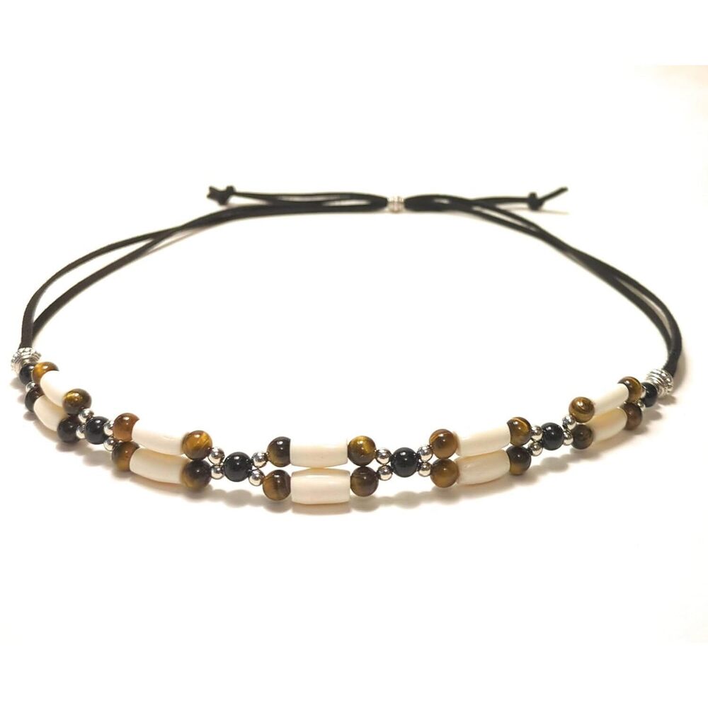 7522 Authentic Western Hat Band Hairpipe Bone Tiger Eye And Onyx Beads